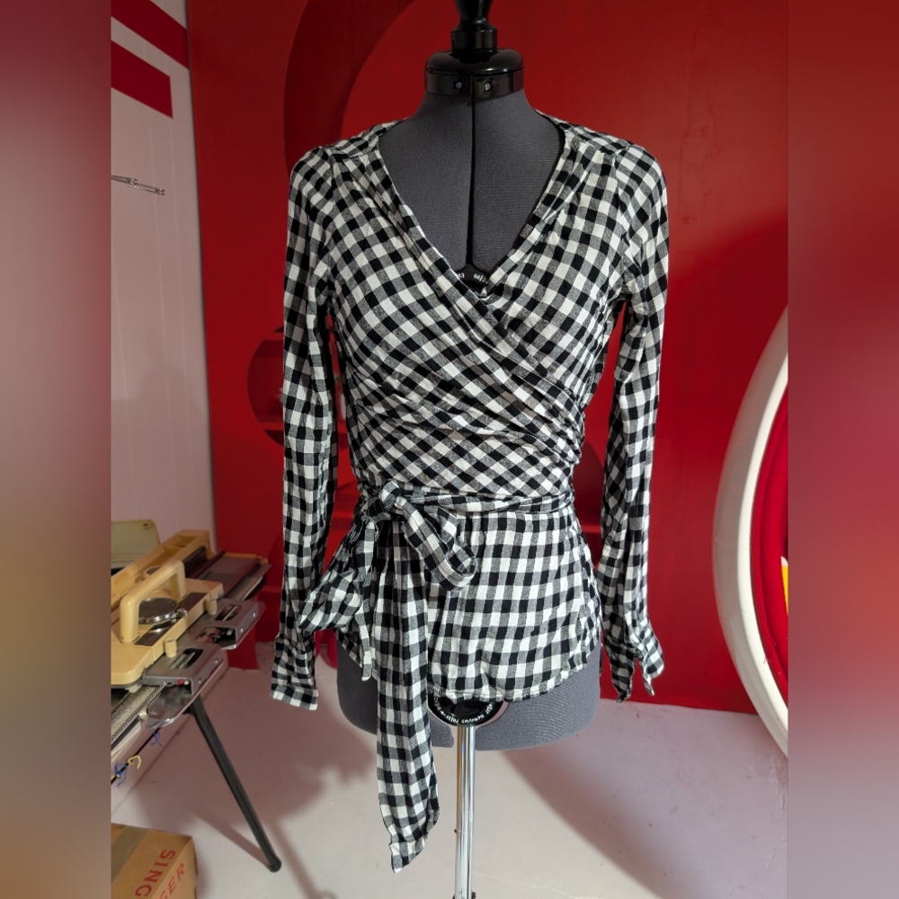 Dynamite Black and White Wrap Blouse with Tie Front